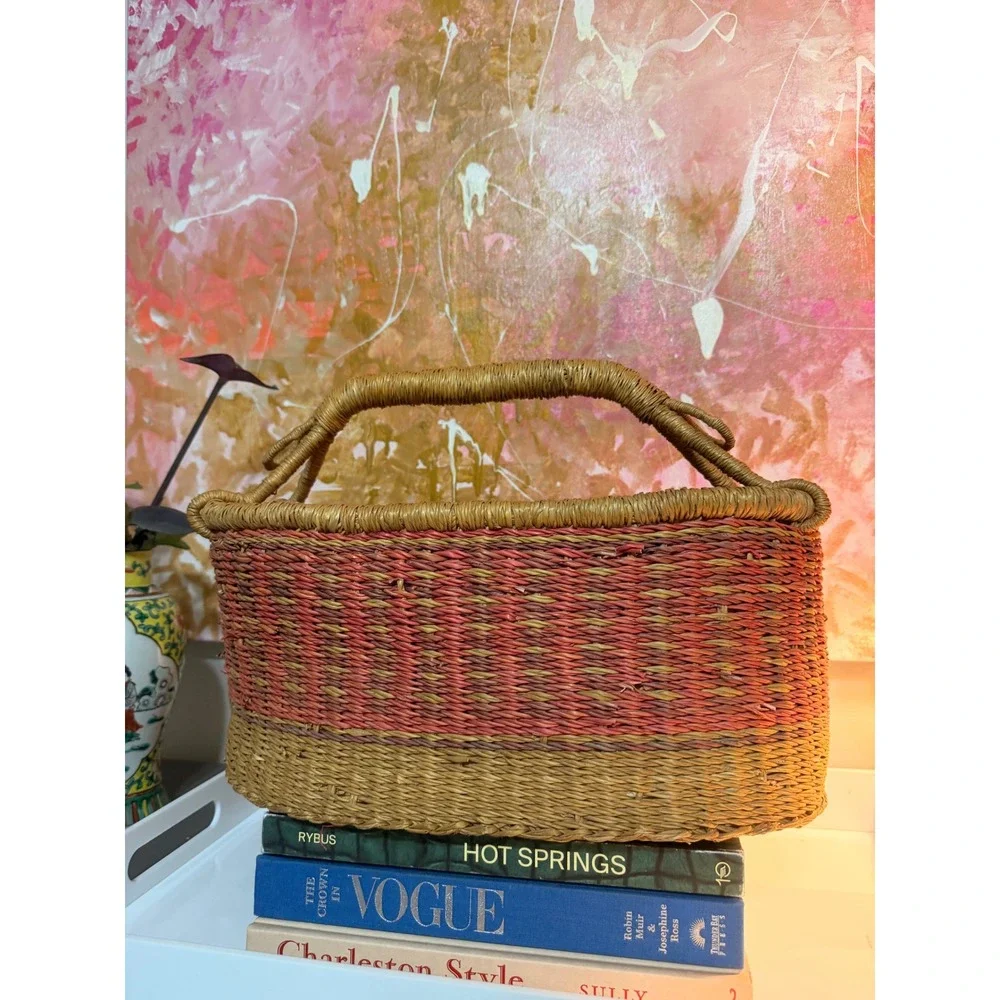 Handmade Woven Basket Bag Women Medium Tan Red Y2K Boho Rustic Straw Tote